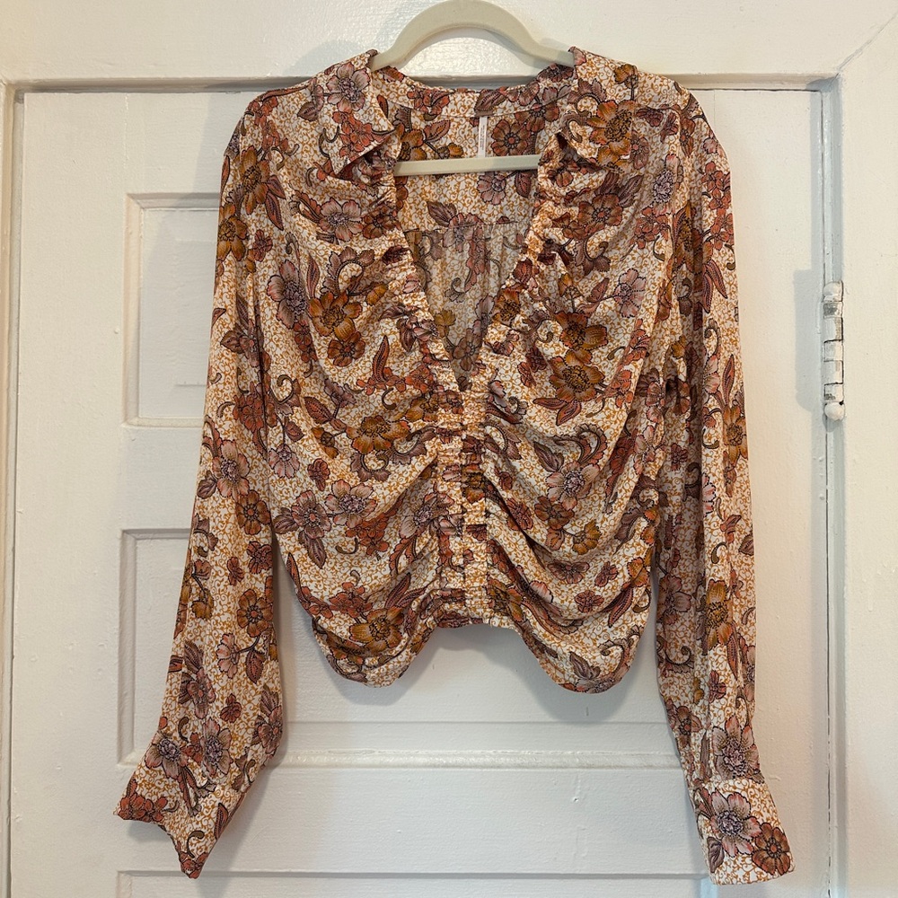 Free People Orange/Cream Ruched Ruffled “I Got You” Top